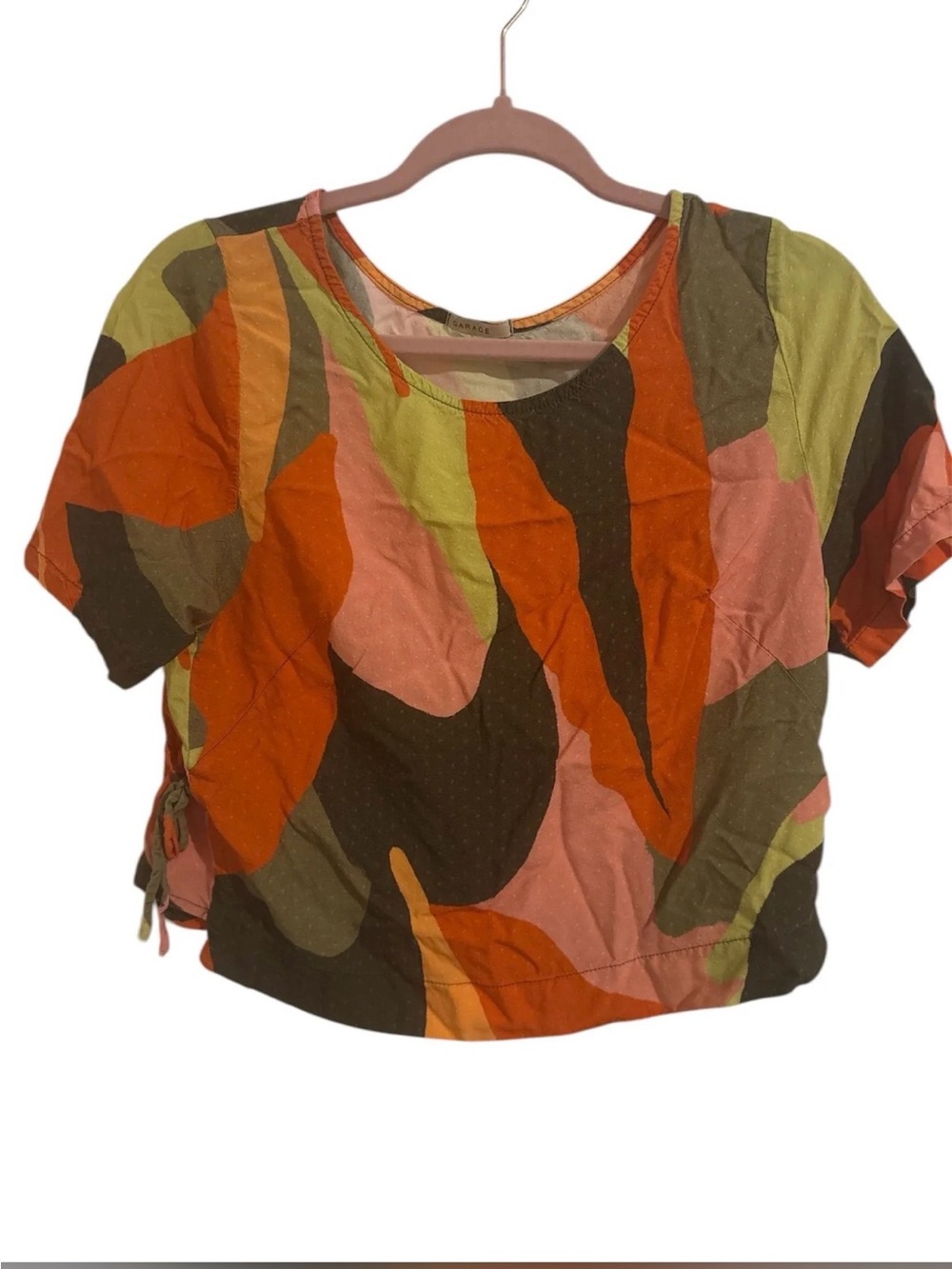 Garage Multicolor Abstract Leaf Crop Top - Olive, Rust, Pink